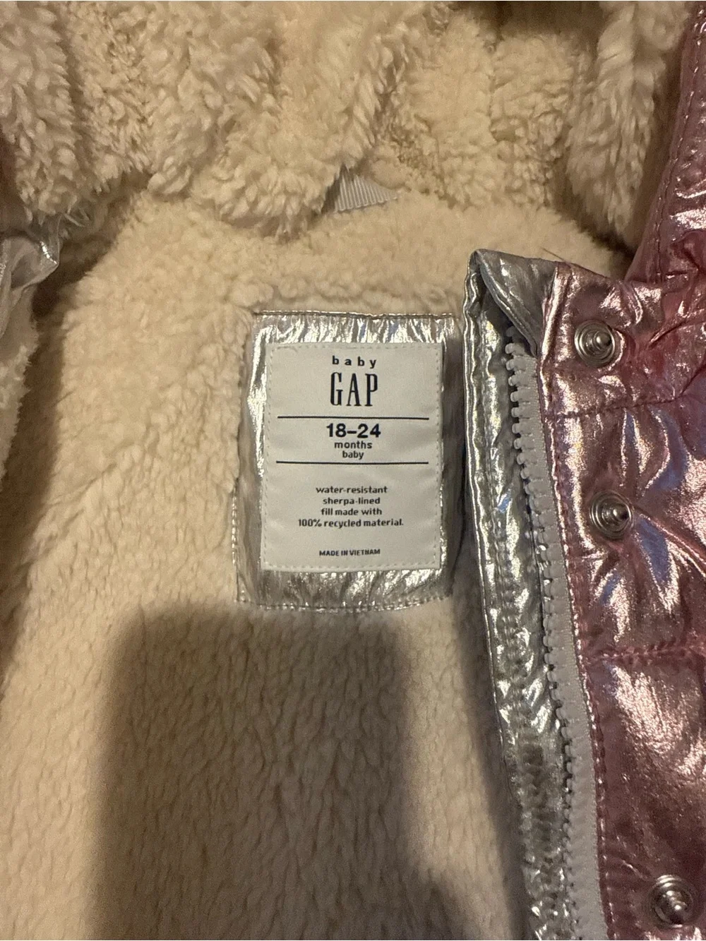 GAP Baby Metallic Pink and Silver Hooded Puffer Jacket